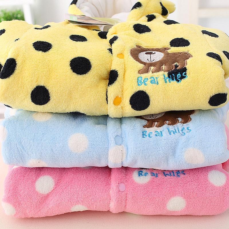 Hooded plush baby romper set in yellow, light blue, and pink with bear prints
