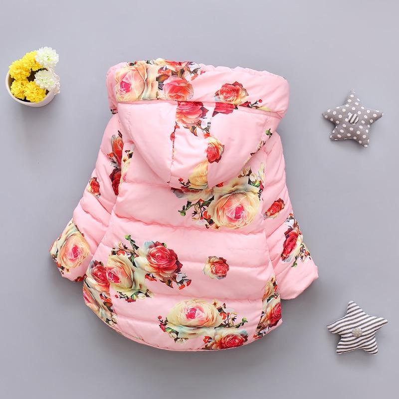 Infant pink floral puffer jacket with hood and full-zip front