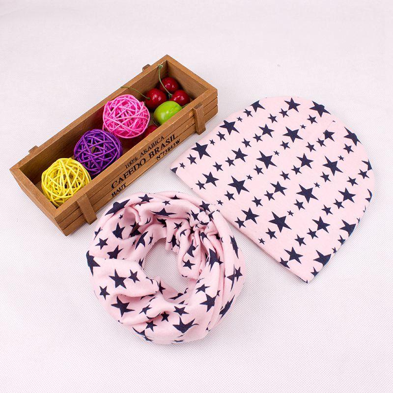 Baby star beanie and infinity scarf set, white with dark stars and pink swirl