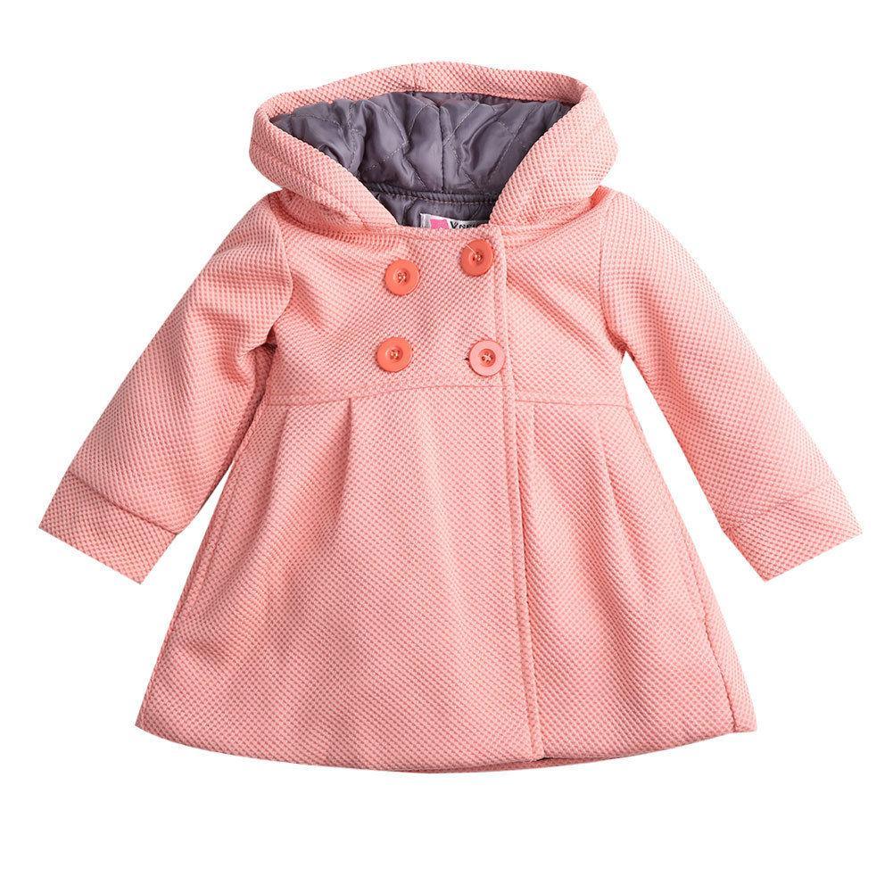 Peach pink hooded toddler coat with button front, textured fabric, and long sleeves