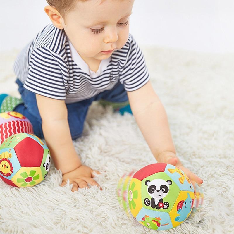 Colorful plush animal rattle balls for babies with panda and lion graphics