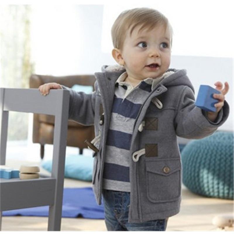 Gray hooded baby jacket with toggle details, worn by toddler