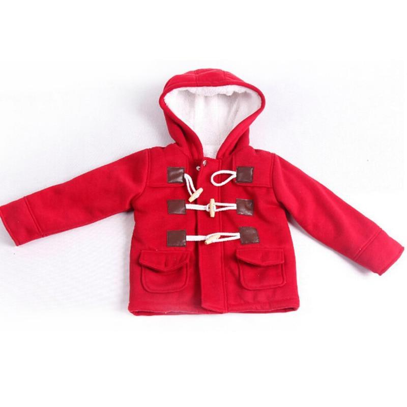 Red hooded baby coat with toggle closures and fleece-lined hood
