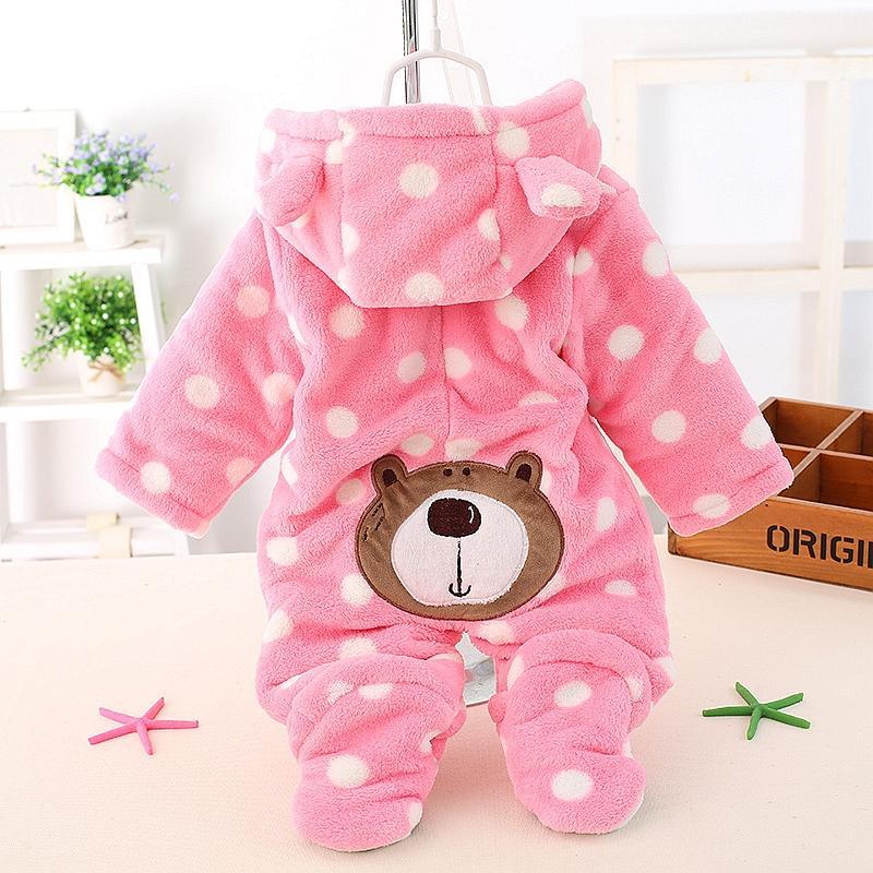 Pink polka-dot hooded bear romper with teddy bear graphic on chest