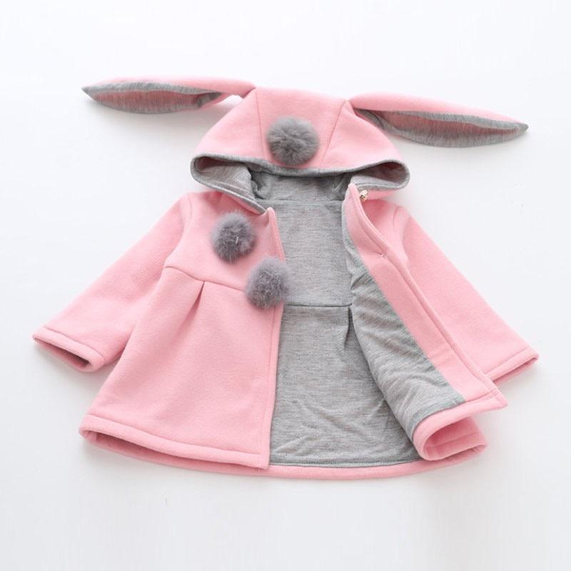 Baby girls winter coat, pink outer with gray hood lining, rabbit ears and pom-poms