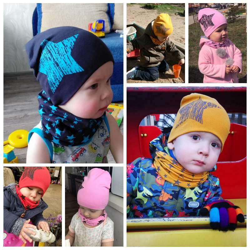 Baby star-pattern beanie and infinity scarf set, navy with bright accents