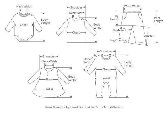 Baby romper measurement diagram with body, sleeve, and leg length labels
