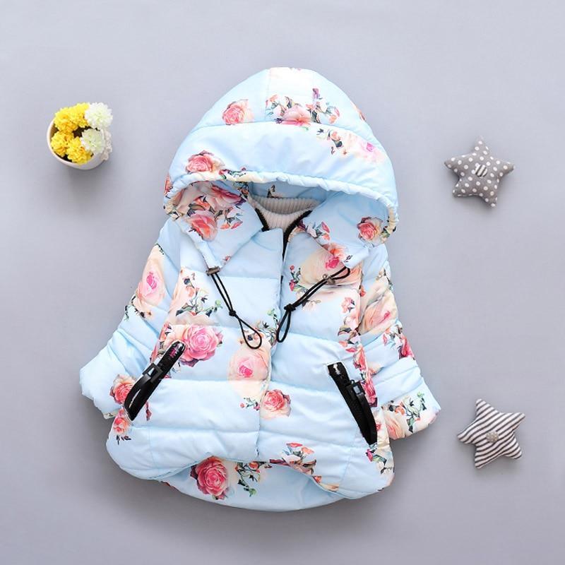 Infant light blue floral puffer jacket with hood and zip front