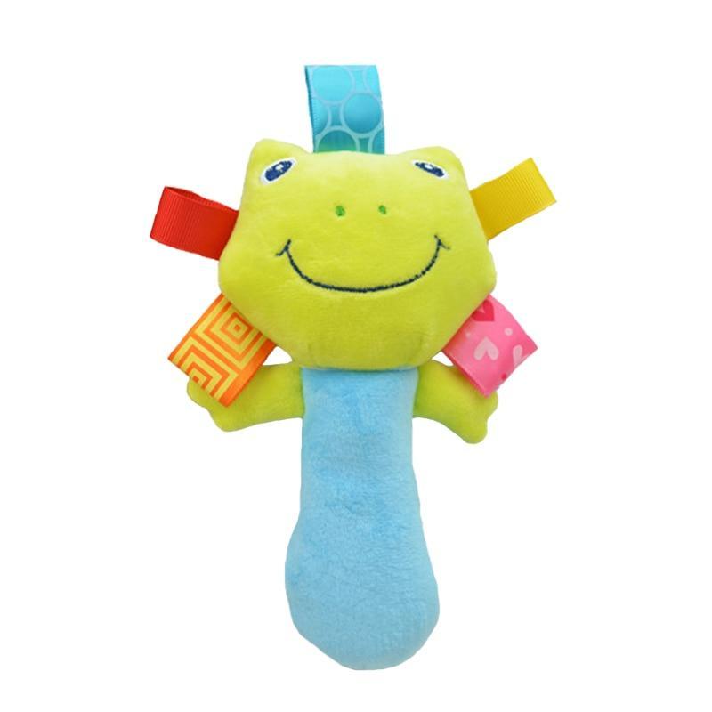 Cartoon plush frog baby rattle in lime green with smiling face and colorful tags