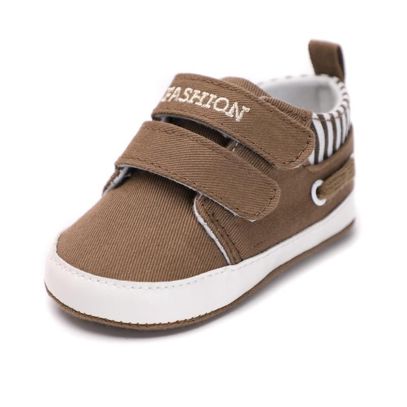 Infant canvas sneakers, brown slip-on with hook-and-loop strap and white sole