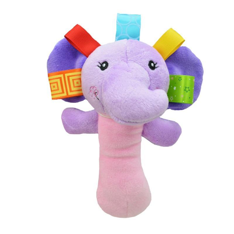 Cartoon plush purple elephant baby rattle with stitched eyes and multicolor fabric tags