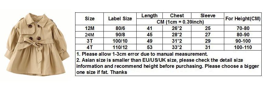 Size chart for baby windbreaker coat: label size, length, chest, sleeve, height
