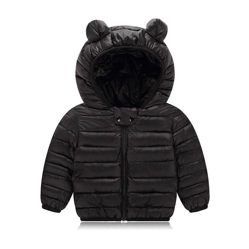 Black padded baby hooded jacket with bear-ear design and front zipper
