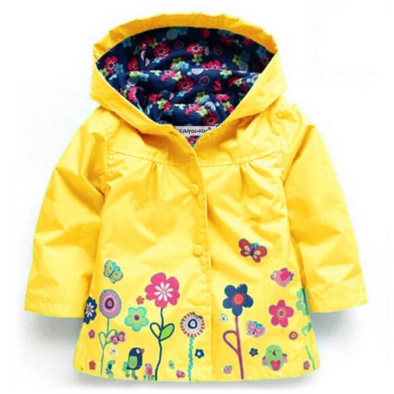 Yellow hooded baby jacket with colorful floral patch print and button front