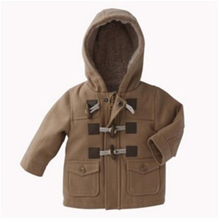 Infant tan hooded jacket with drawstring hood and front toggle closures