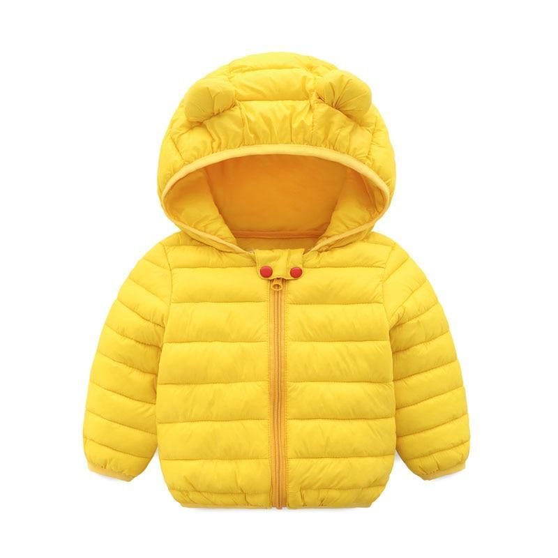 Yellow puffer baby jacket with bear-ear hood, zipper front, and side pockets