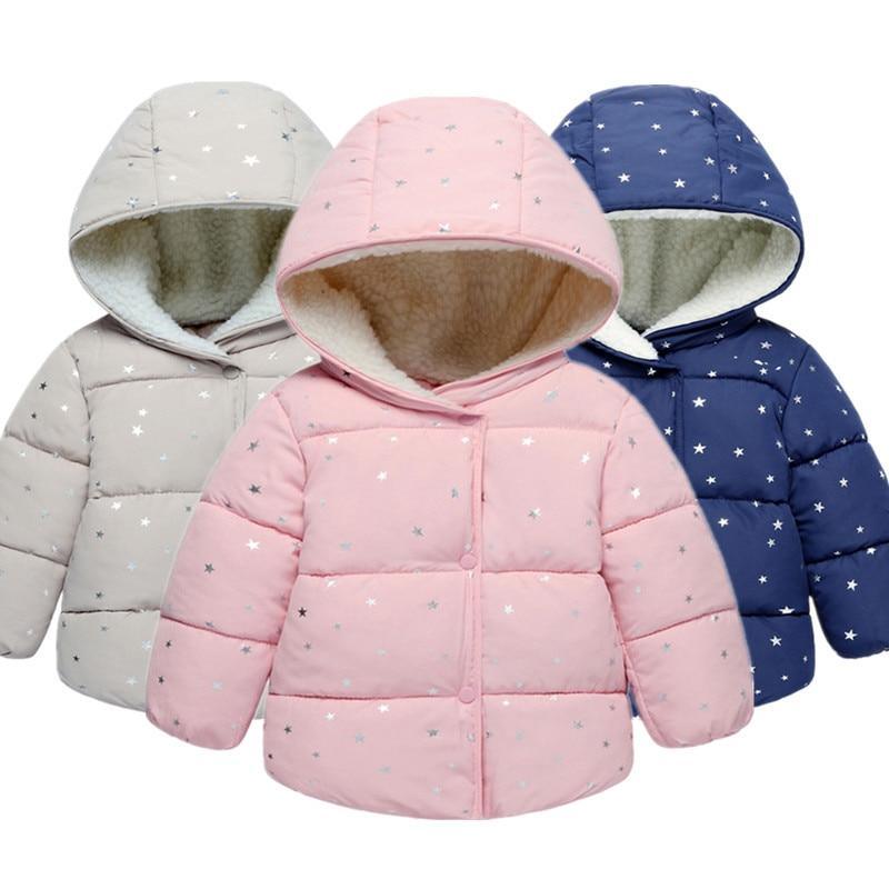 Assorted kids hooded puffer coats in gray, pink, and navy with star print