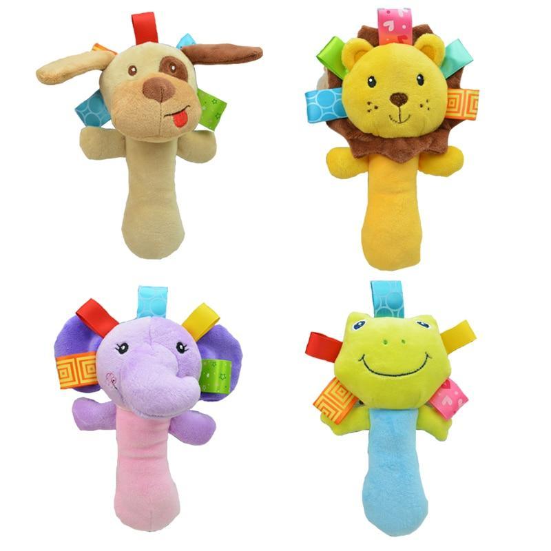 Set of cartoon plush baby rattles featuring lion, frog, elephant, and dog faces