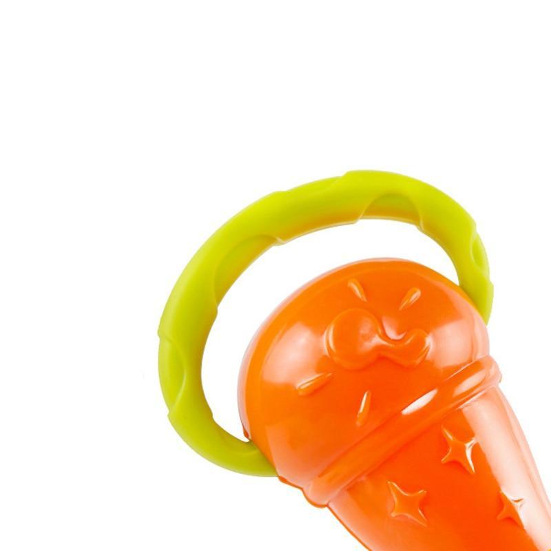 Baby plastic bell rattle with orange bell and yellow-green handle loop