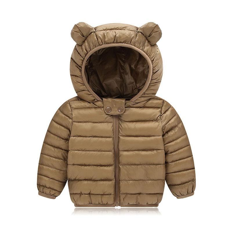Brown padded baby jacket with hood and bear-ear design, front zipper closure