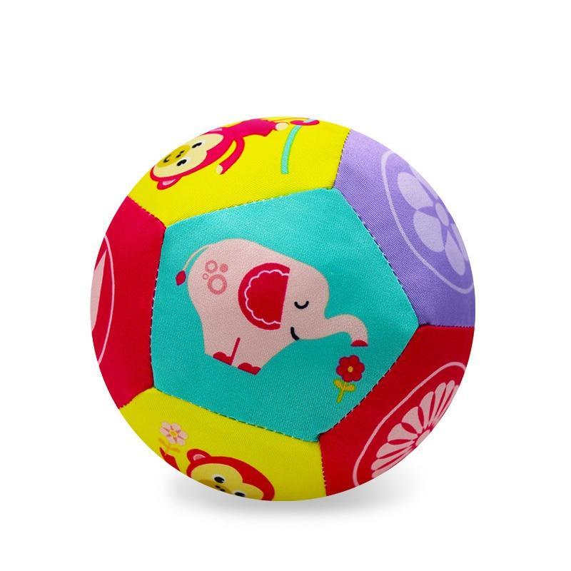 Colorful plush baby ball with elephant graphic and purple side panels