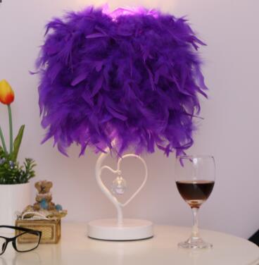 Purple feather heart table lamp with crystal-look center