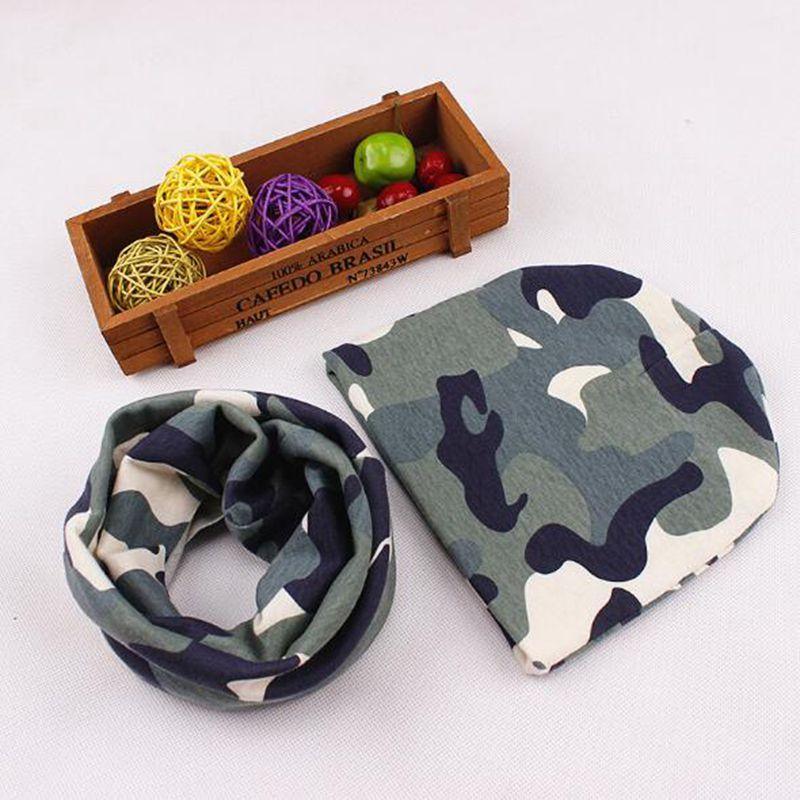 Baby camo beanie and infinity scarf set, gray and dark green cotton