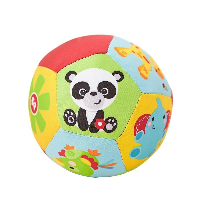 Colorful plush baby ball with panda graphic and green blue multicolor panels