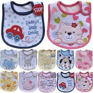 Unisex baby bib set, mixed colors with cartoon animal prints and contrast trim