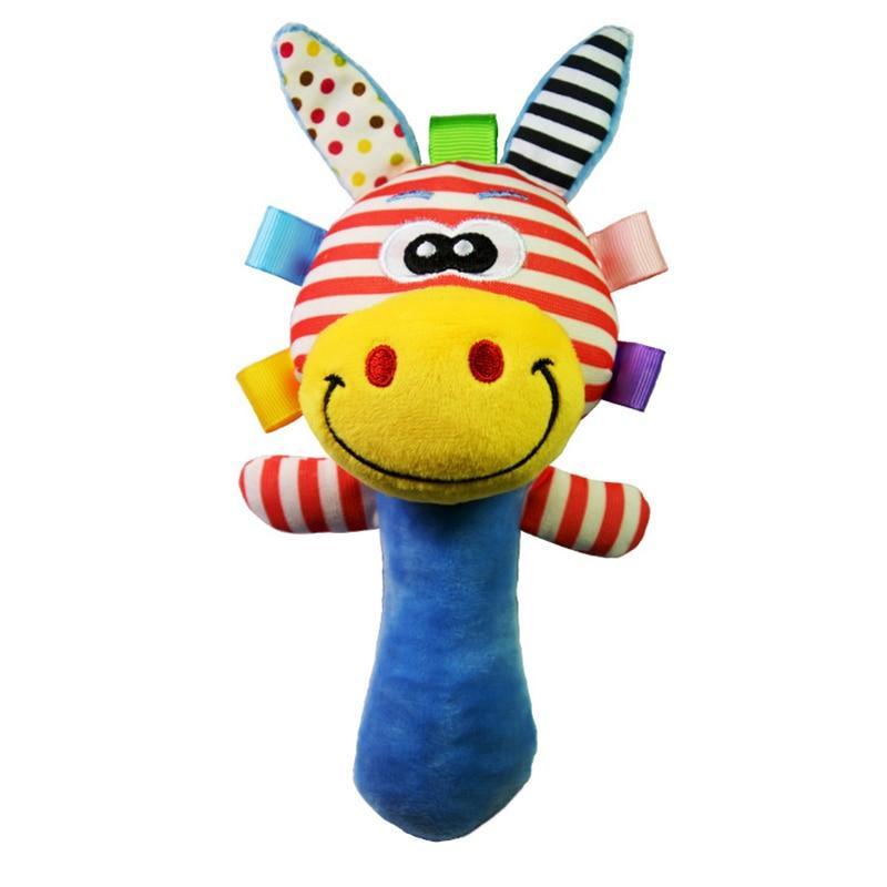 Plush bee rattle bell toy with rainbow wings and striped arms