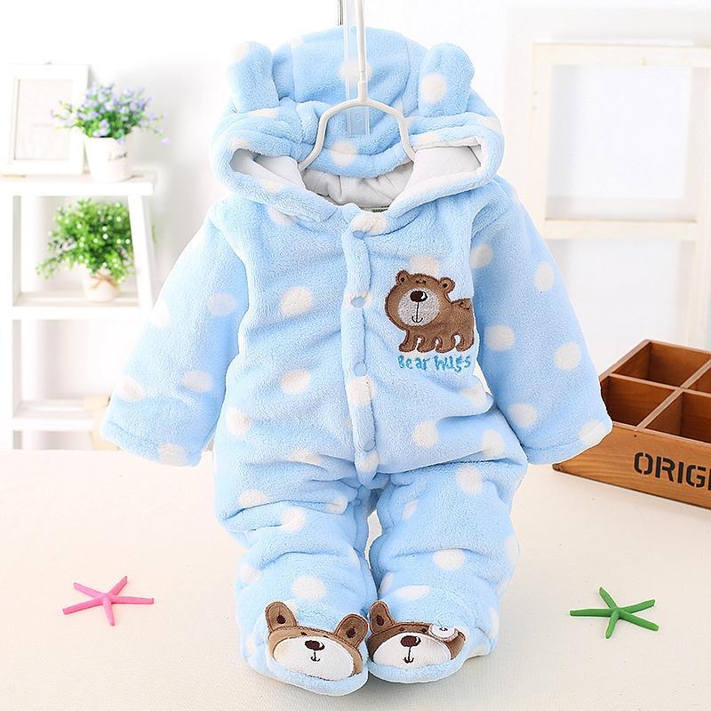 Light blue hooded plush bear romper with bear face applique and bear-printed feet