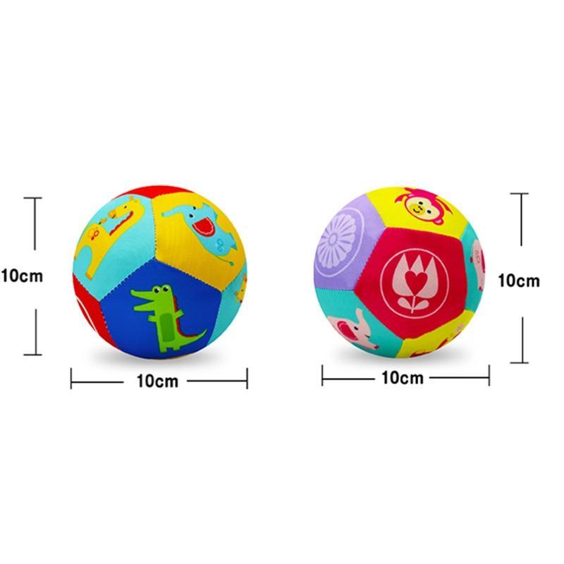 Colorful plush animal ball pair, each about 10 cm, with pictorial panel designs
