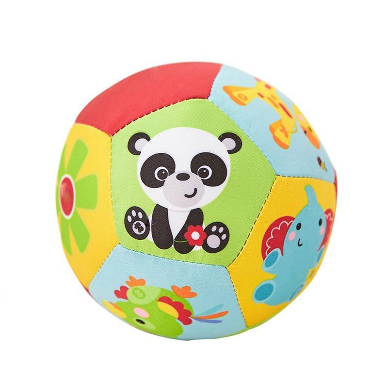 Soft plush animal rattle ball with panda face and red, yellow, green sea-life graphics