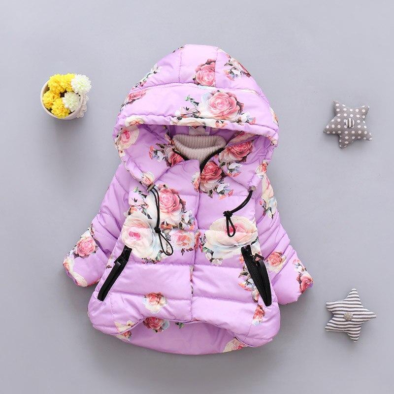 Infant lavender floral puffer jacket with hood and zip front