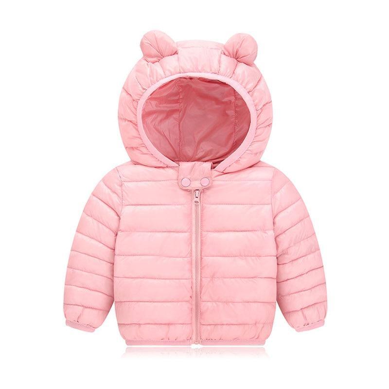 Light pink padded baby hooded jacket with bear-ear design and front zipper