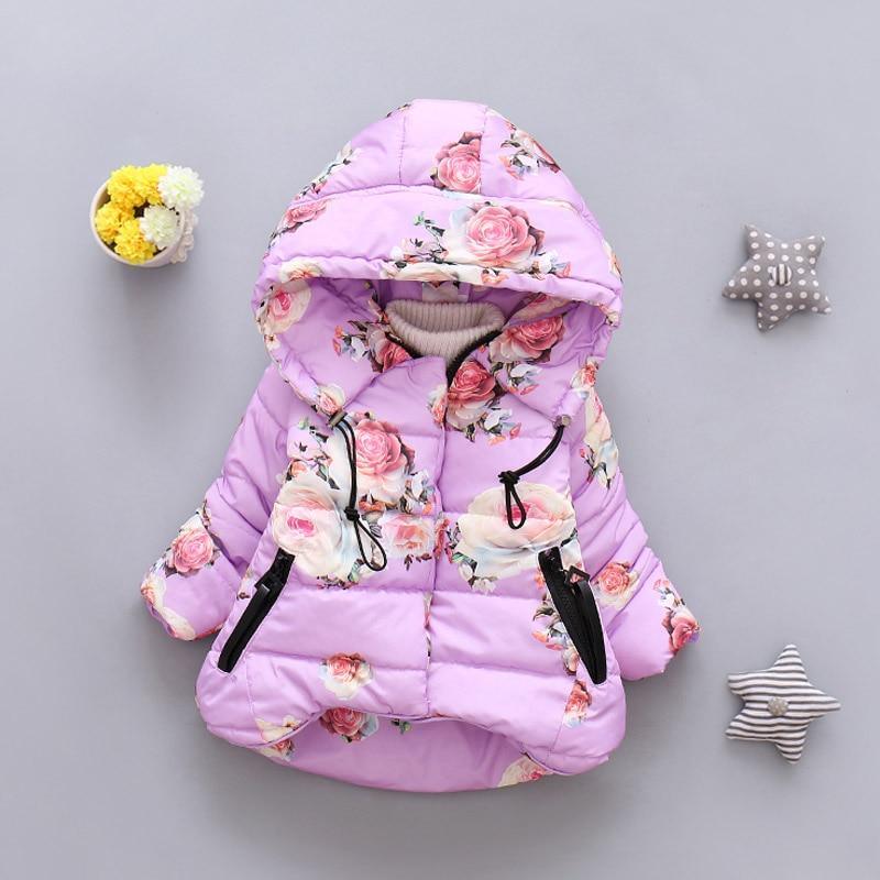 Infant purple hooded puffer jacket with rose print, zip-front and drawstring ties