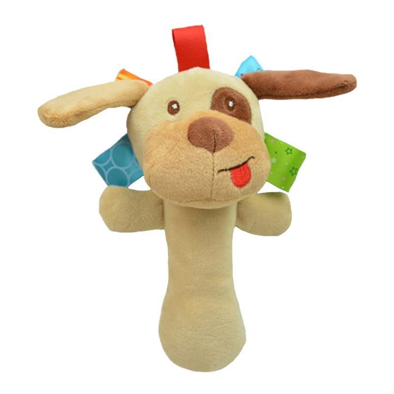 Cartoon plush baby rattle dog with beige fur, red collar detail, and colorful tags