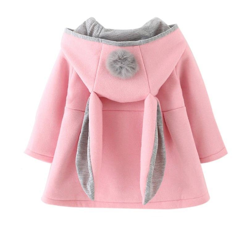 Baby girls winter coat, pink with gray-lined hood and pom-pom, rabbit-ear style back view