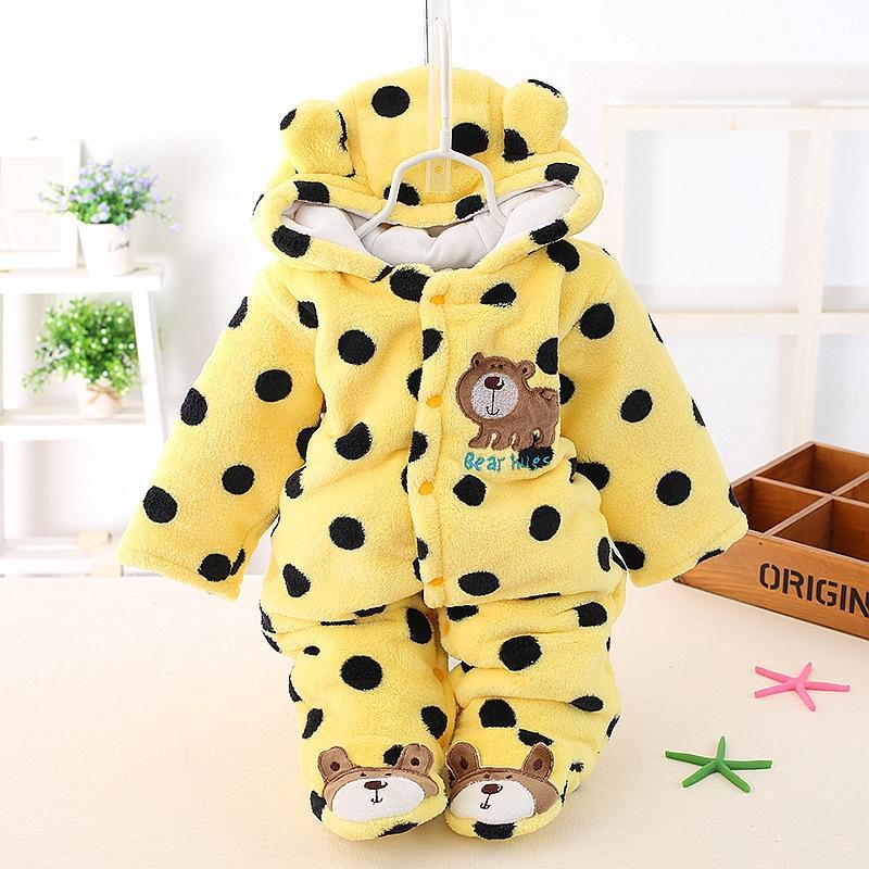 Yellow hooded plush bear romper with black spots and teddy bear chest patch