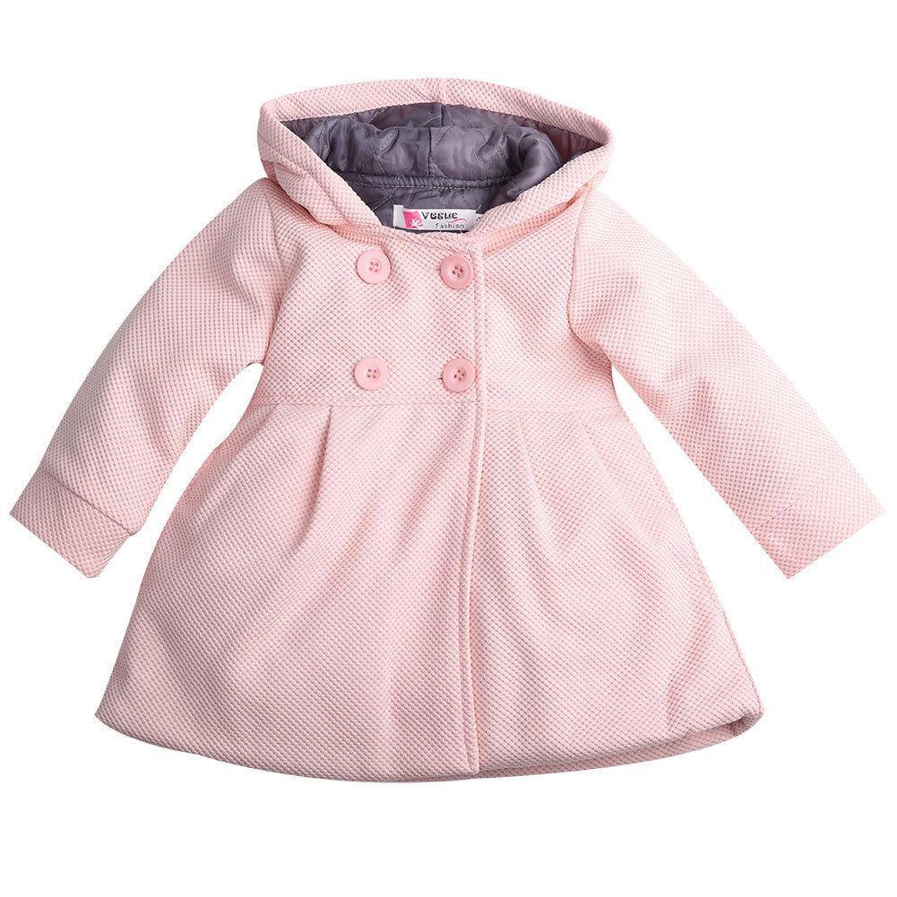 Light pink hooded toddler coat with two-button front and long sleeves