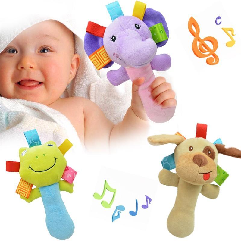 Cartoon plush baby rattle in purple elephant design with colorful fabric tags