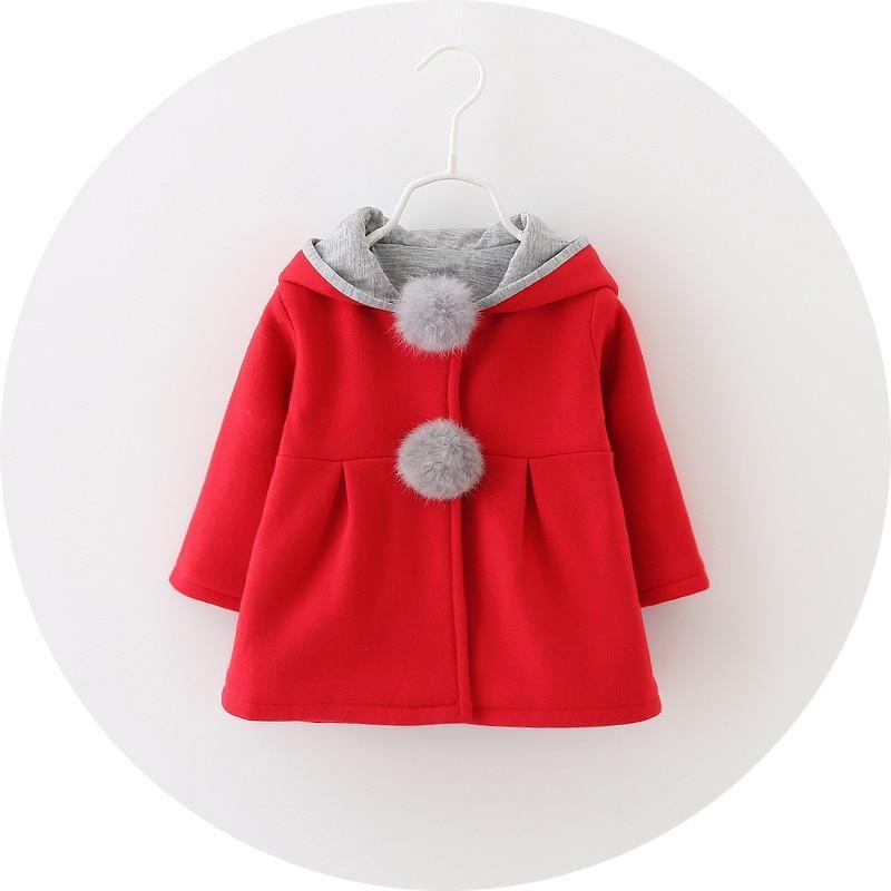 Red baby girls hooded coat with gray lining and fuzzy pom-pom on top
