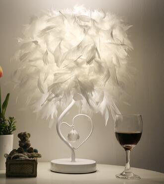 White feather heart table lamp with crystal-look center