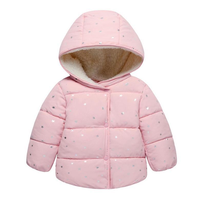 Pink hooded padded baby jacket with small star print, zip front and warm fleece lining