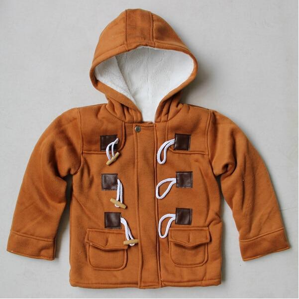 Infant tan hooded jacket with front toggles and chest pockets