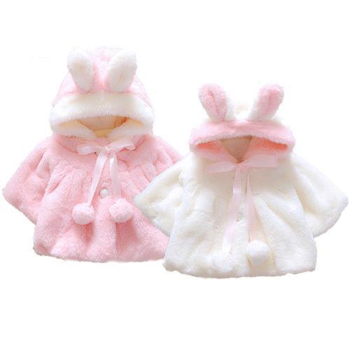 Pink and white faux-fur baby coat cloaks with bunny-ear hood and bow ties