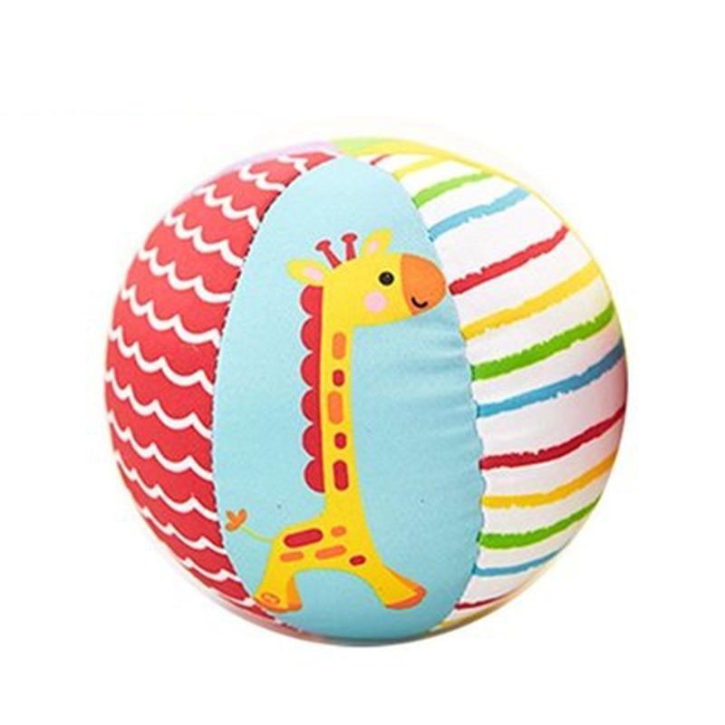 Colorful plush baby ball with giraffe graphic and red white striped pattern