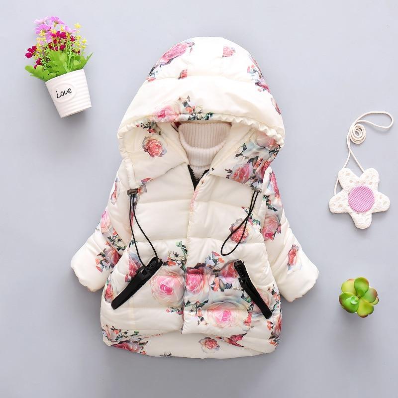 Infant puffer jacket with hood, white floral print, zip-front and drawstring ties