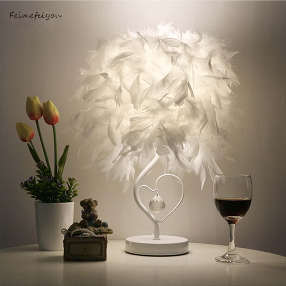 Heart-shaped feather table lamp with crystal charm and white shade