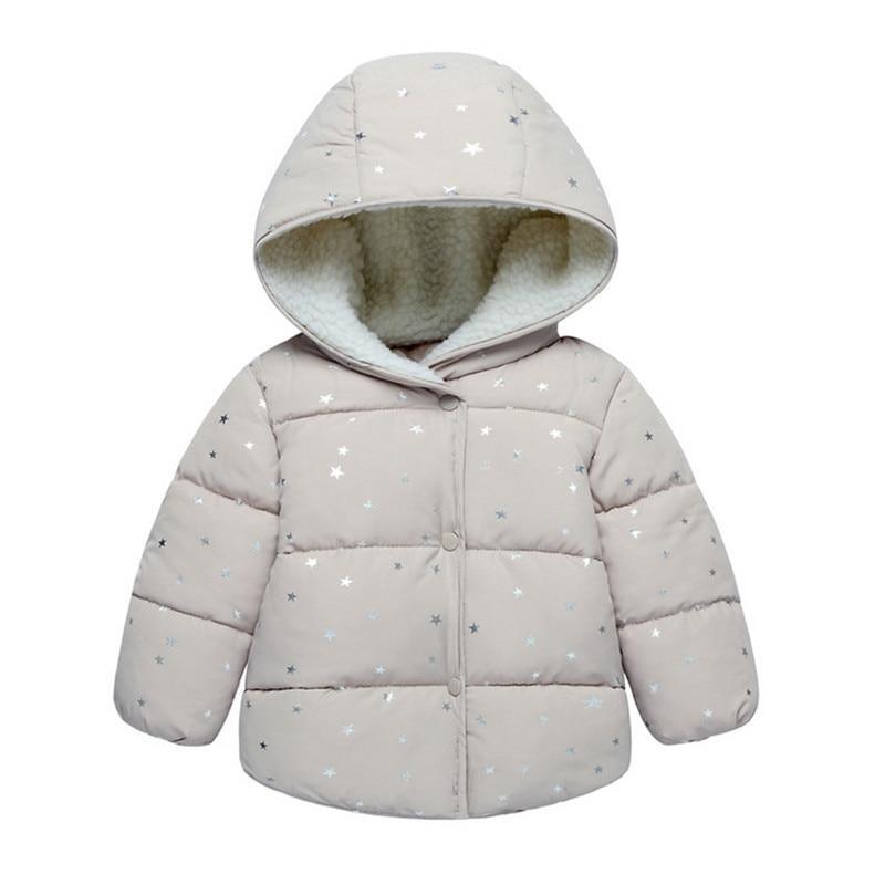 Light gray kids hooded puffer coat with star print and soft faux-fur hood lining